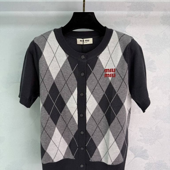 Miu Miu Black and Gray Argyle Cardigan - Picture 1 of 7
